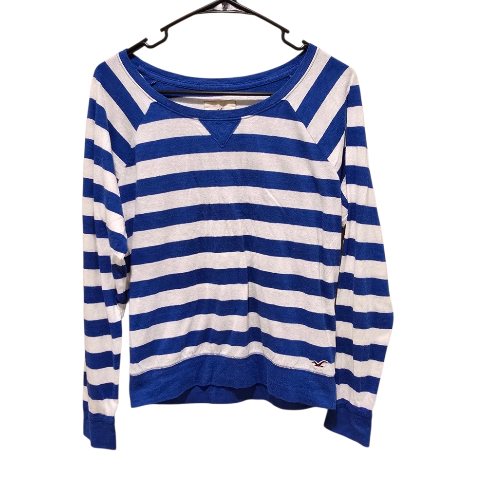 Y2K Hollister Blue and White Striped Cotton Blend Long Sleeve Tee